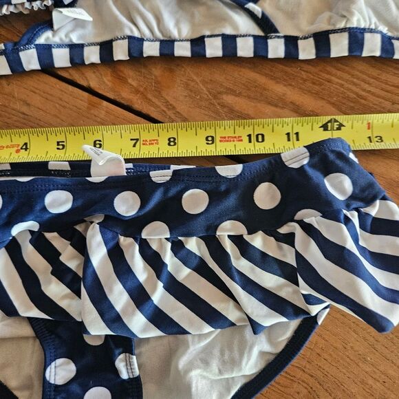 Childrens Place Girls Sz 12 Navy Polka Dot Stripe Bikini Swimwear 2‑Piece Set - Picture 3 of 5